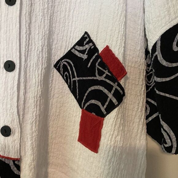 Ali Miles 3/4 Ruched Sleeve Button Up Crinkle Fabric Top Size Medium Lagenlook - Picture 2 of 9